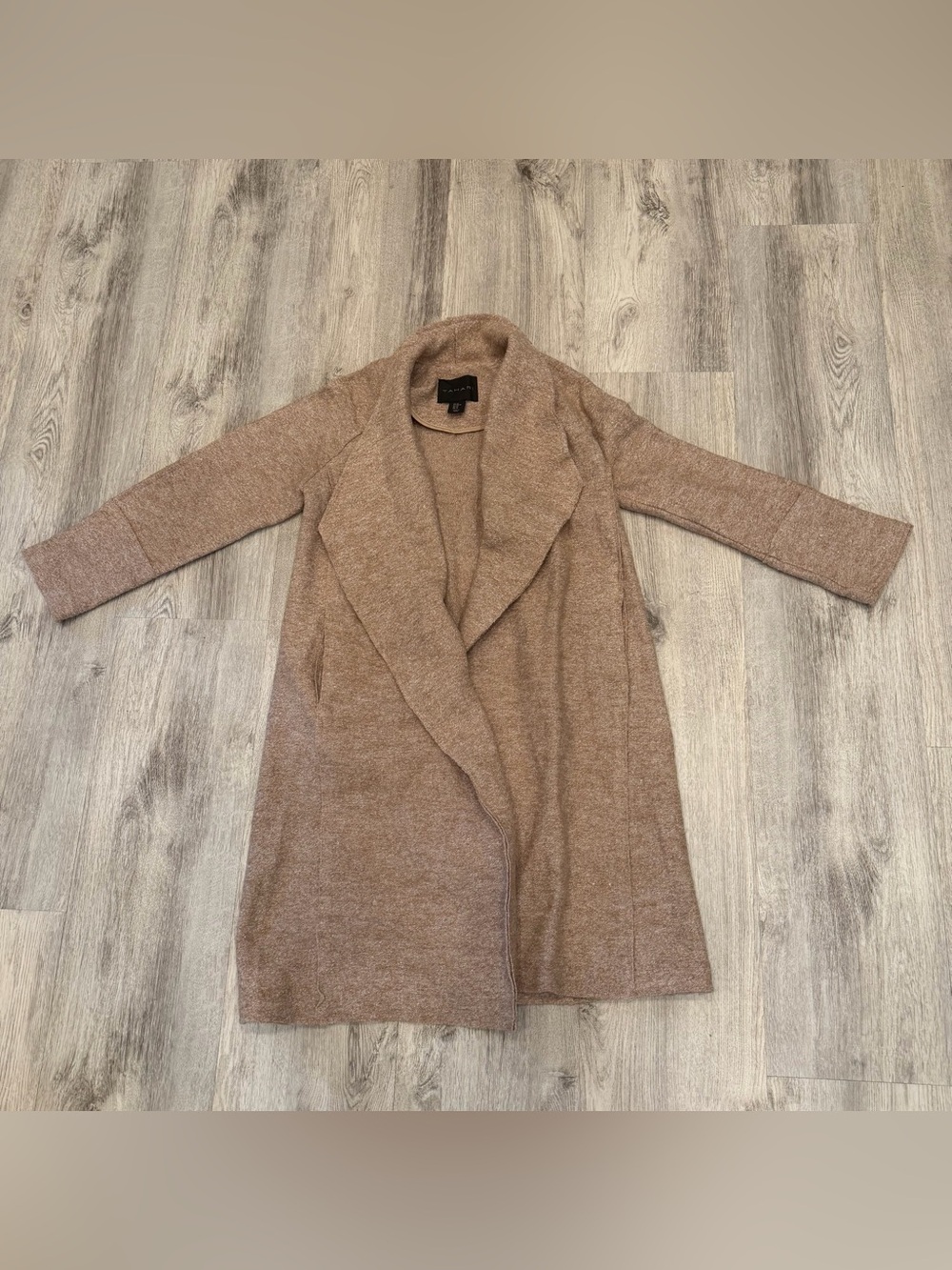 Tahari Wool Blend Longline Open‎ Front Cardigan Coatigan Camel Brown XS